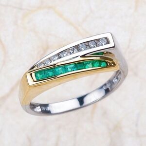 C. 1980 Vtg .40 ct. t.w. Emerald and .16 ct. t.w. Diamond Ring 14kt Two-Tone Sz8